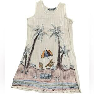 Double Decker Vintage Boutique Beige Sleeveless Dress with Palm Trees Medium